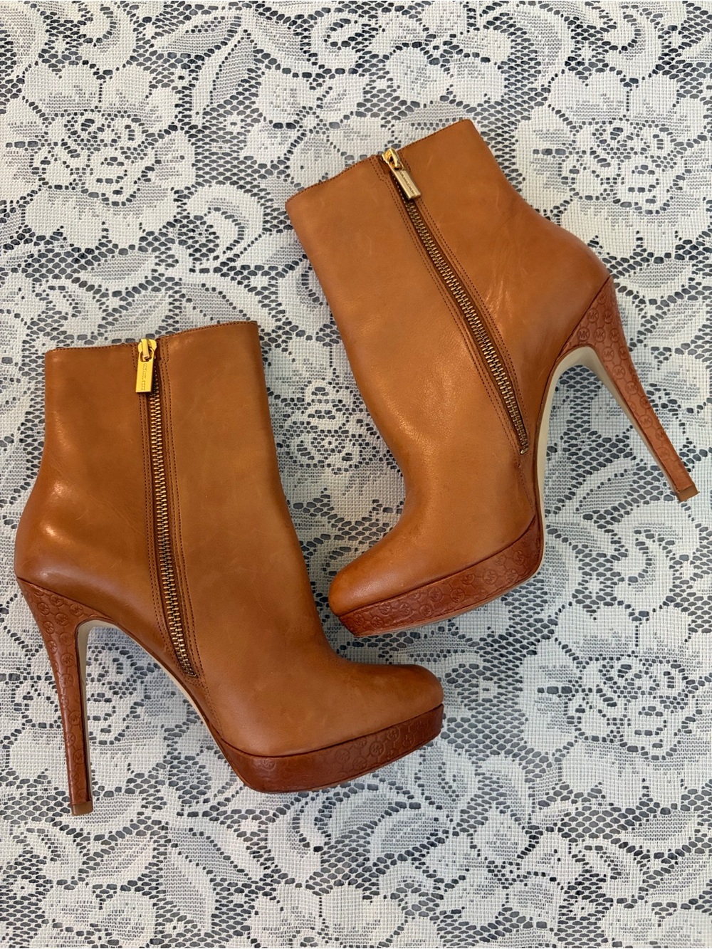 Michael Kors Leather Ankle Boots Brown Luggage Stiletto Heel Platform Booties